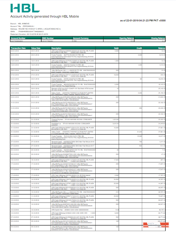 PAKISTAN HBL utility bill Word and PDF template